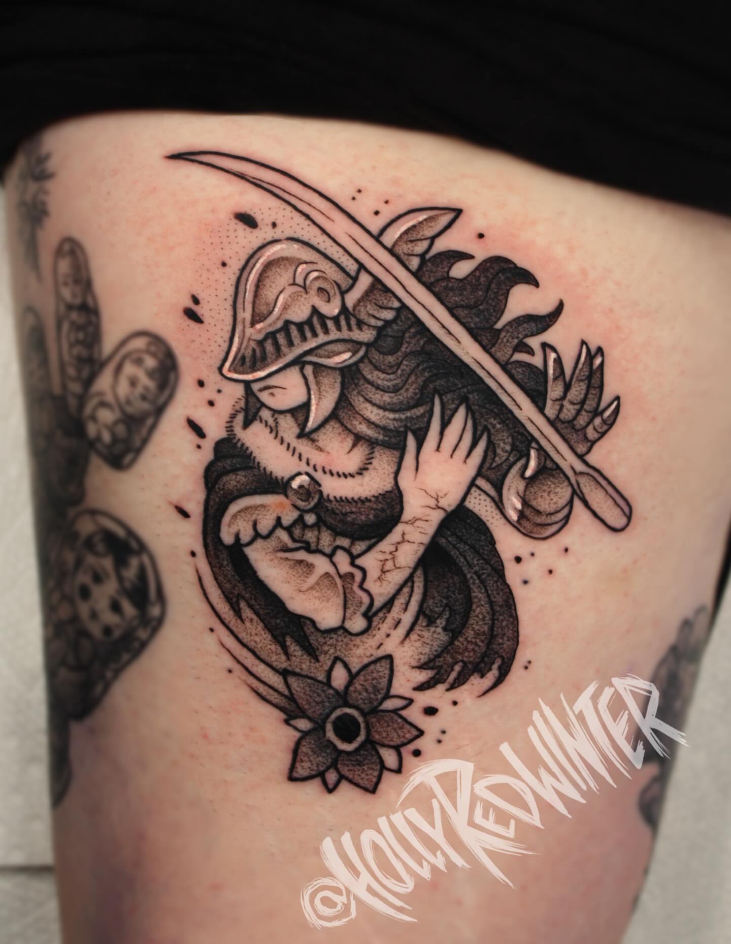Samurai warrior dotwork tattoo on the thigh by Holly Redwinter