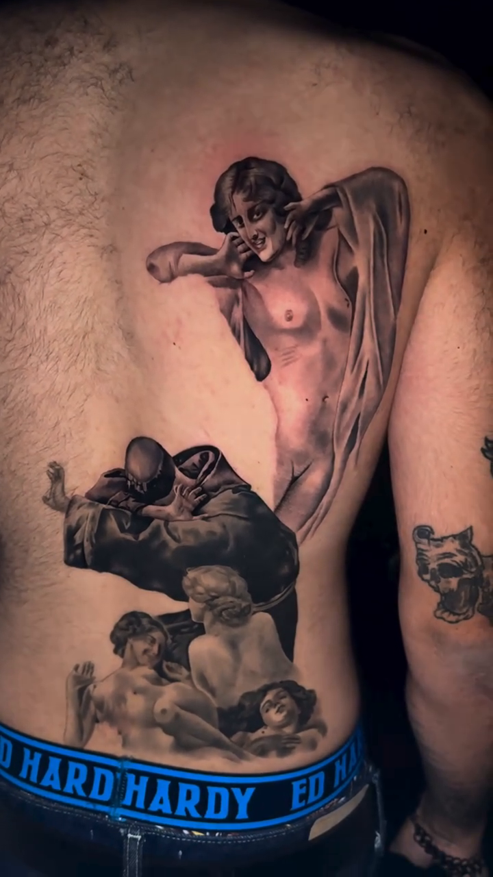 Angel and cherubs realism tattoo by Kaleb Trujillo