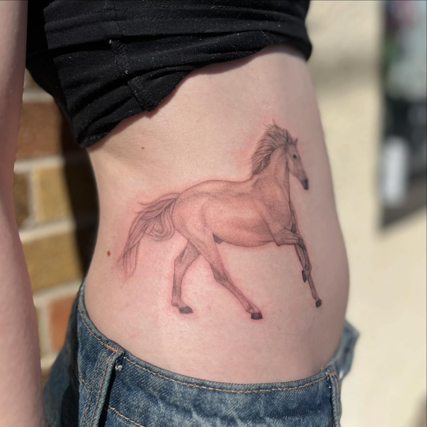 Horse realism tattoo on the ribs by 🌼DaisyDaiz🕸️