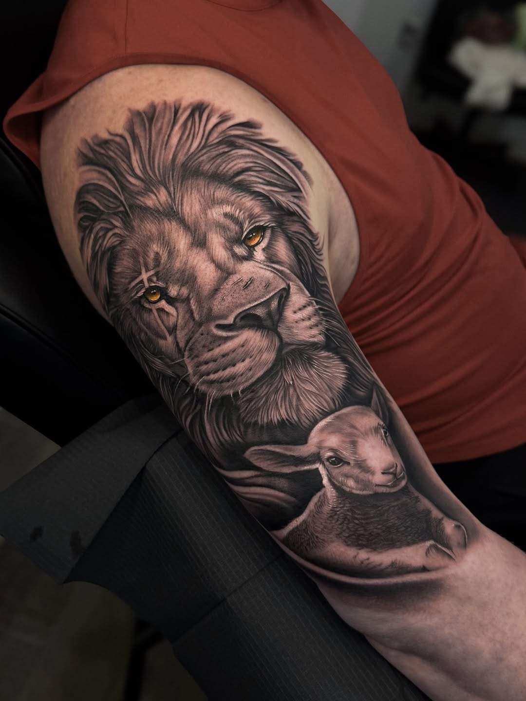 Lion and lamb realism tattoo on the forearm by ✧ Black & Gray Project ✧