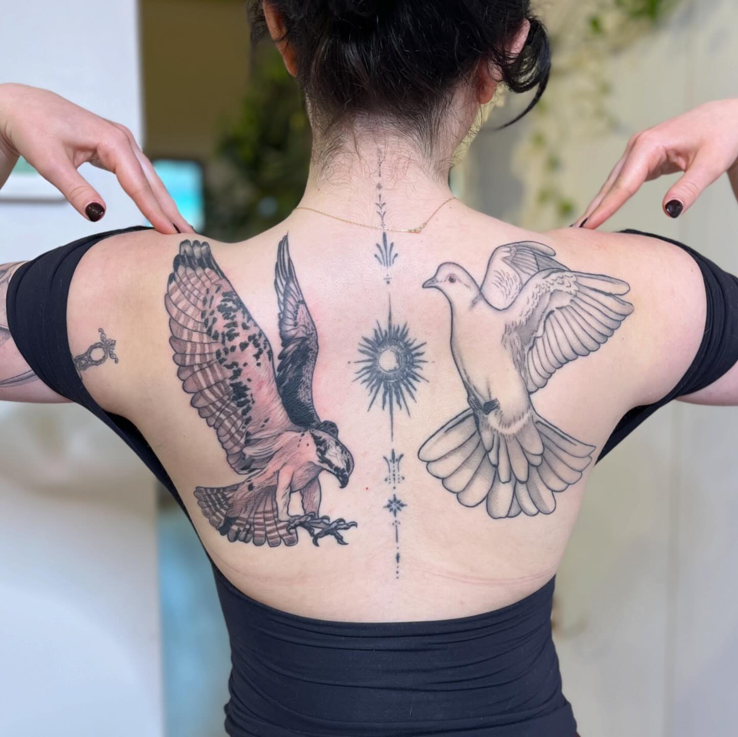 Birds and sunburst realism tattoo on the back by 🌼DaisyDaiz🕸️