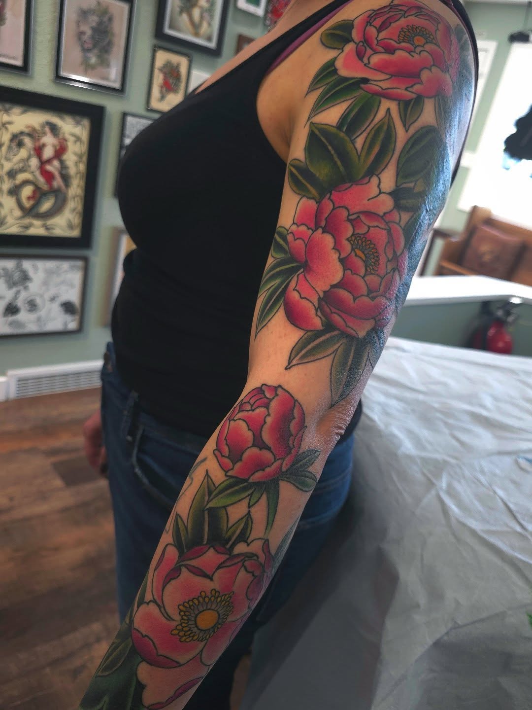 Peony flowers American traditional tattoo on the forearm by Justin Ballard, #Edmonds, Edmonds, Washington