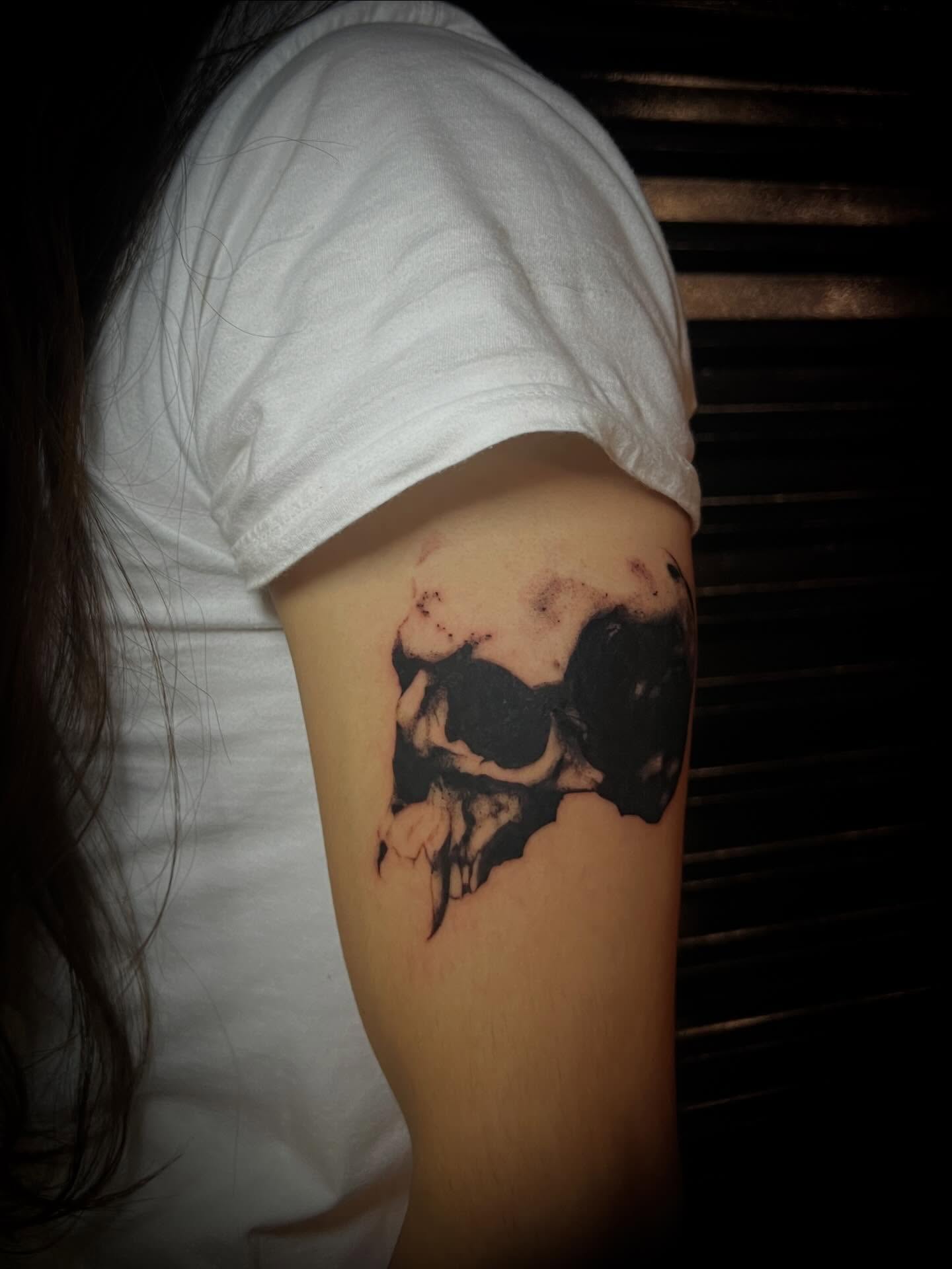 Skull black and grey tattoo on the forearm by @halfwit__