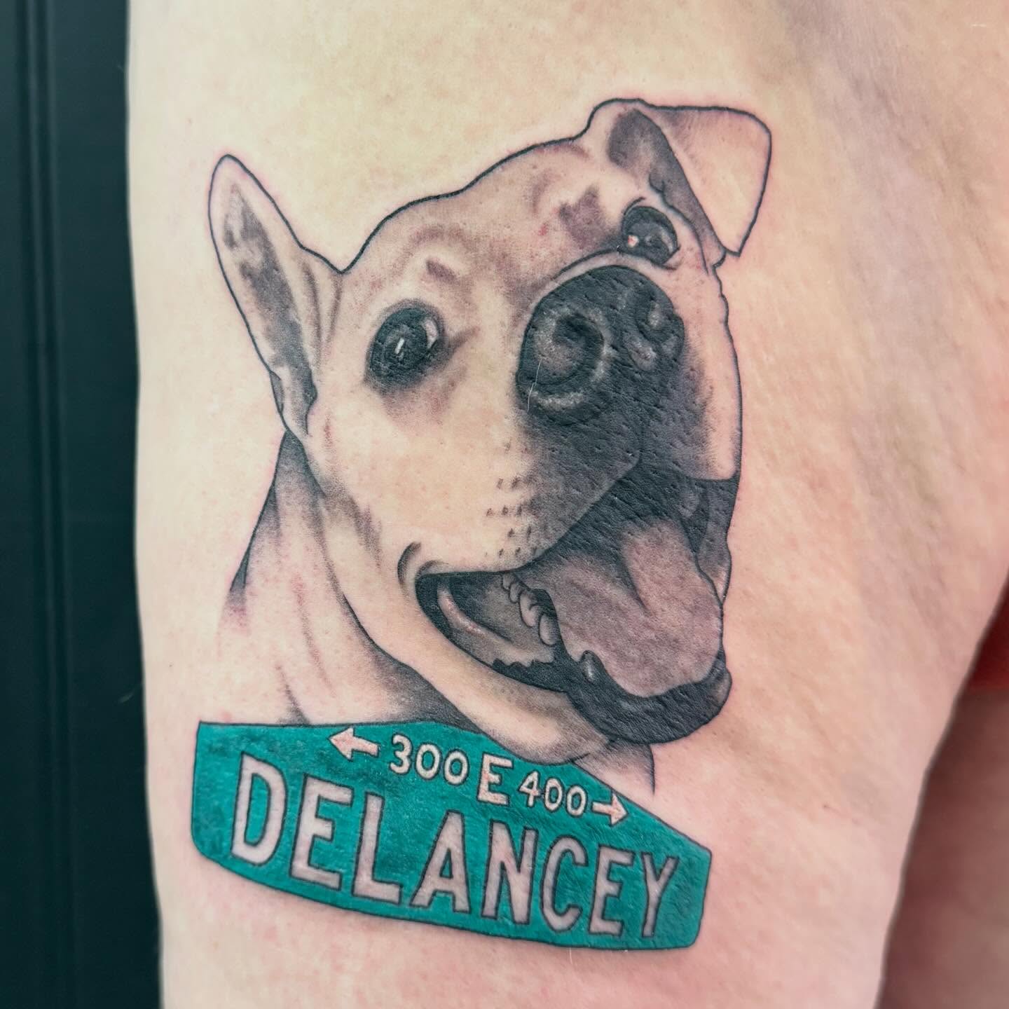 Dog realism tattoo on the thigh by Liz Glitz - Philadelphia Tattoo Artist