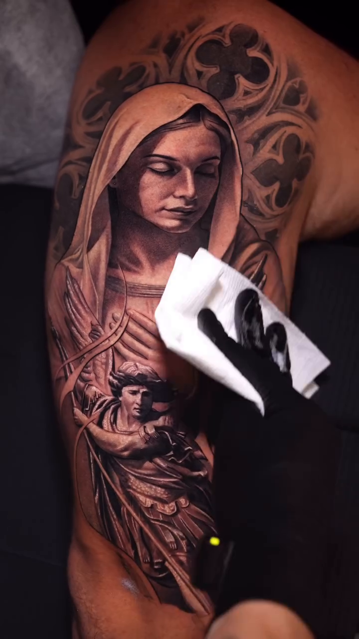 Virgin Mary realism tattoo by J O S S I e L P I N e D A