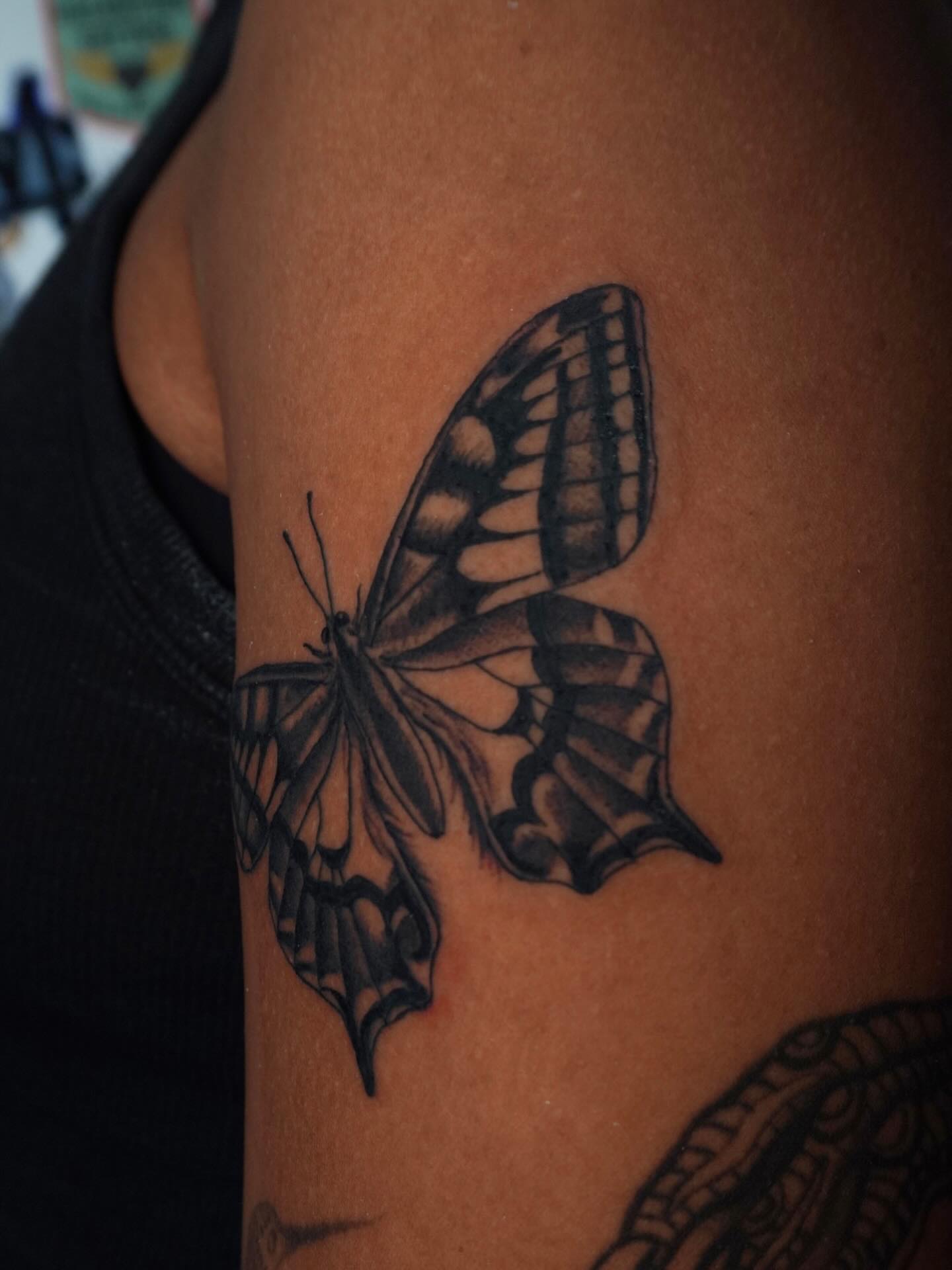 Butterfly black and grey tattoo on the forearm by hallow ☣︎ tattoo artist, Philadelphia, Pennsylvania