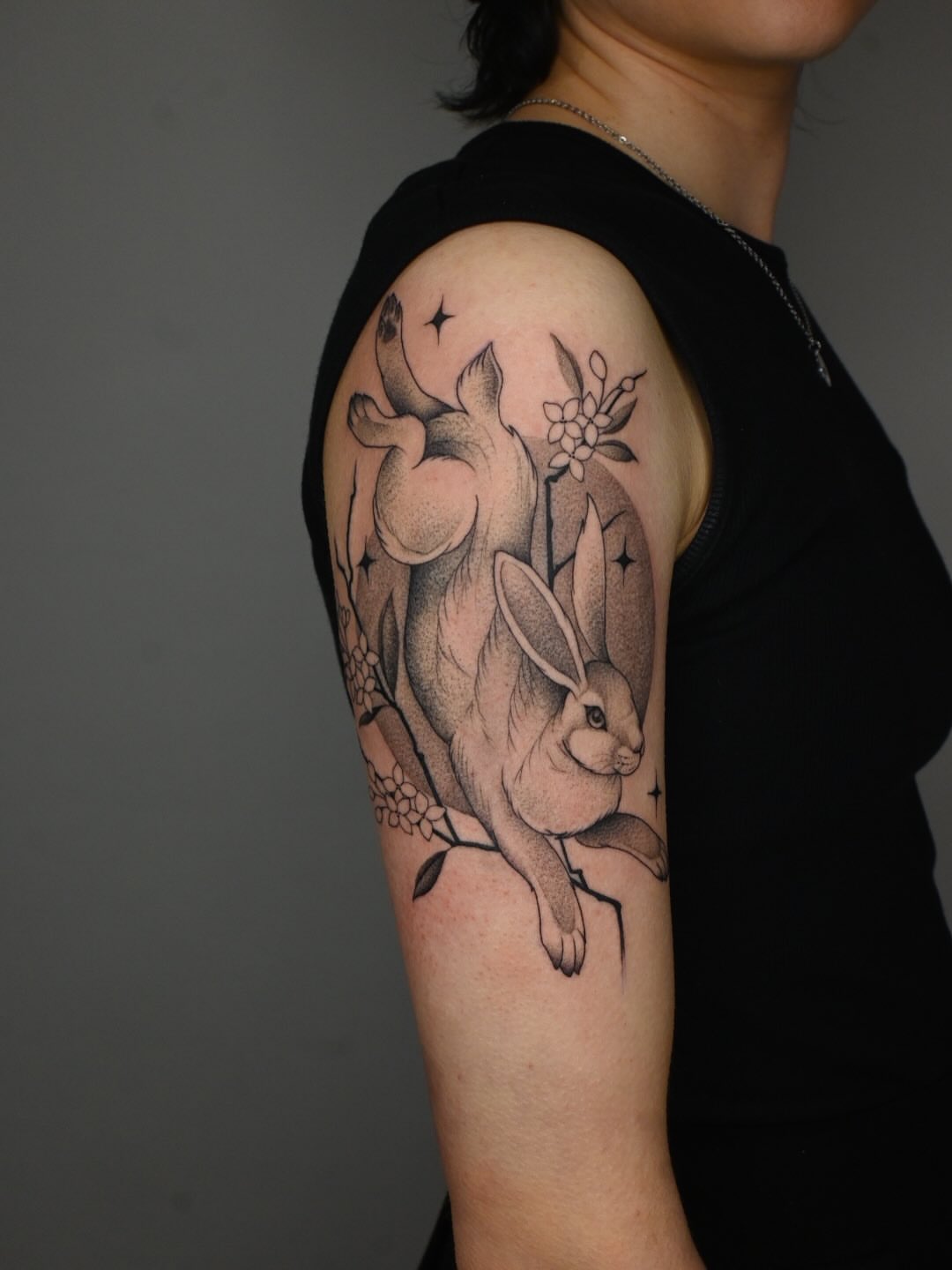 Rabbit dotwork tattoo on the shoulder by Simba Nguyen