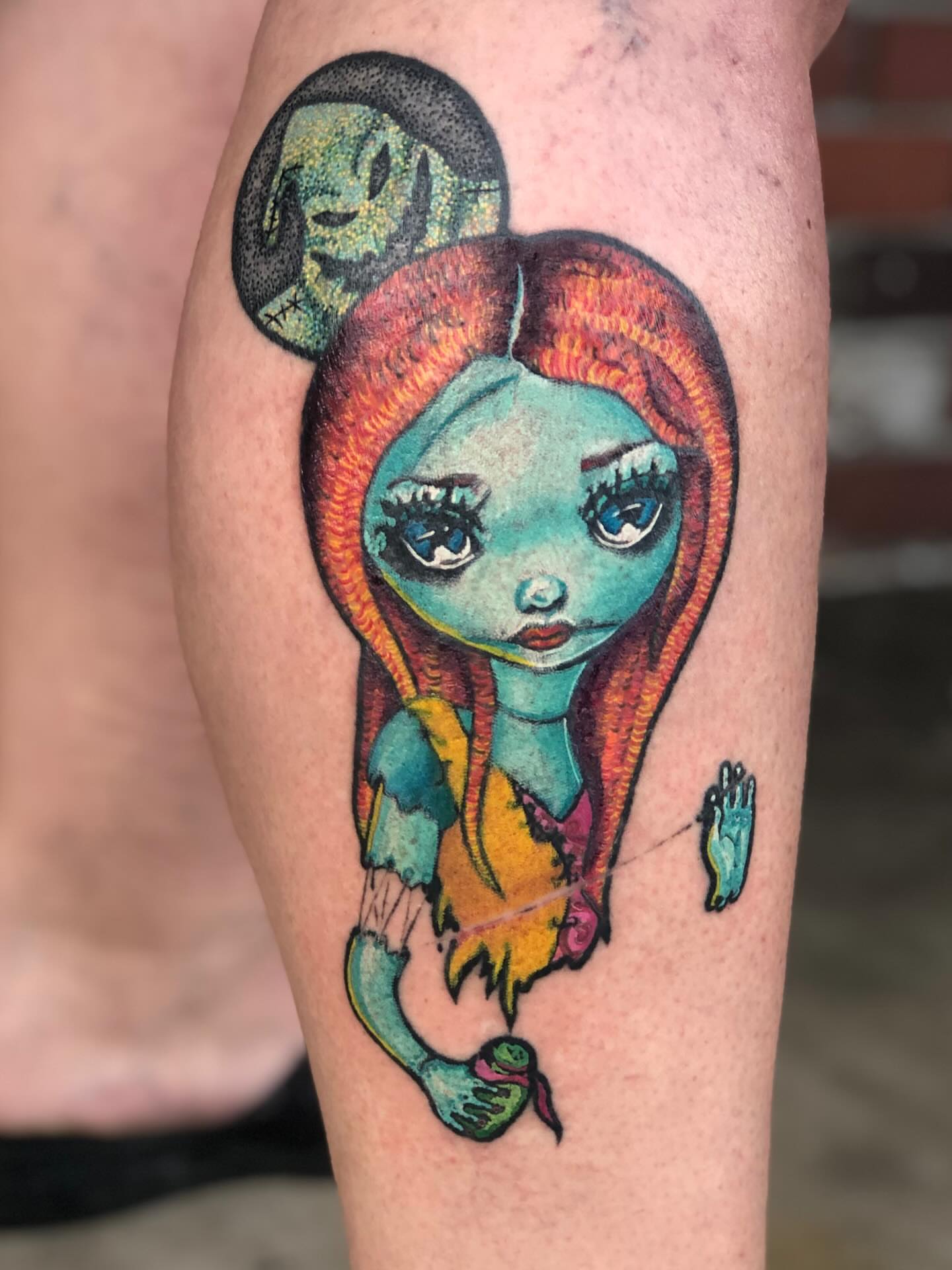 Girl with long hair illustrative tattoo on the thigh by LiteBriteTattoo, Salt Lake City, Utah