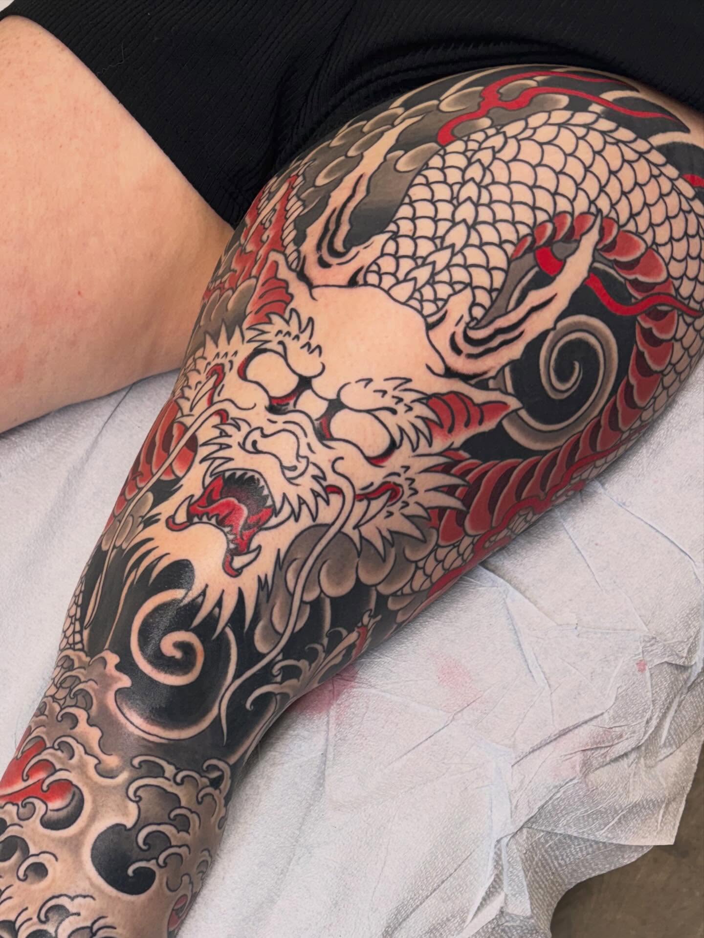 Dragon japanese irezumi tattoo on the thigh by Ethan Bennett