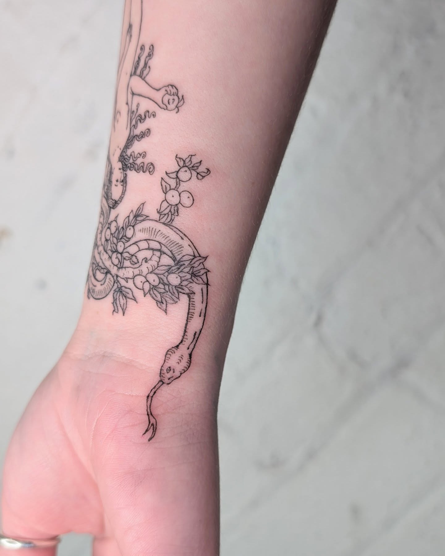 Snake and fruit black and grey tattoo on the forearm by mila