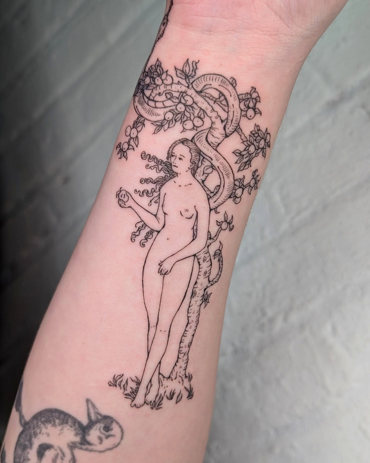 Serpent and woman illustrative tattoo on the forearm by mila