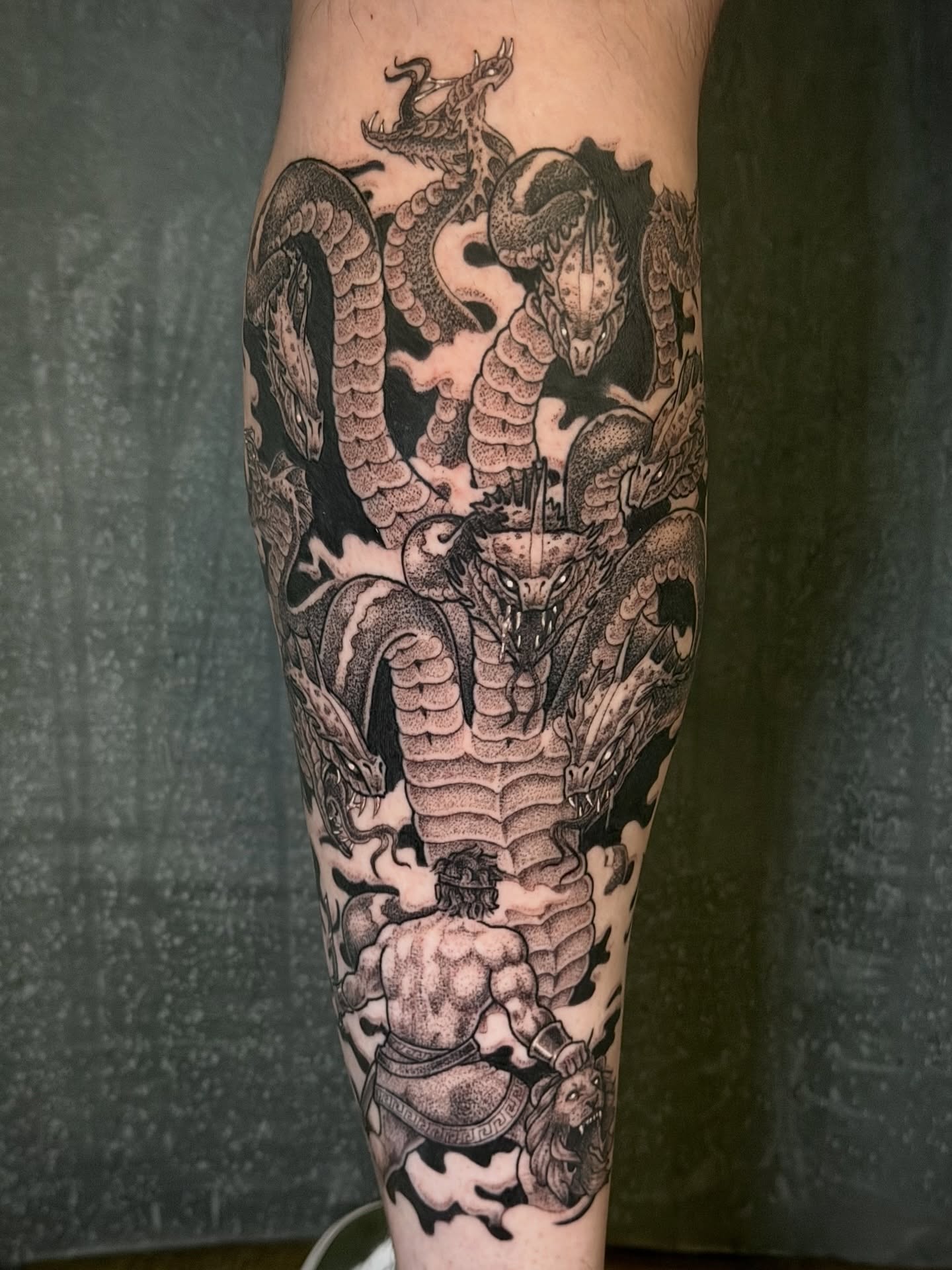 Tattoo by @scruffy_tattooer — black_and_grey, dotwork