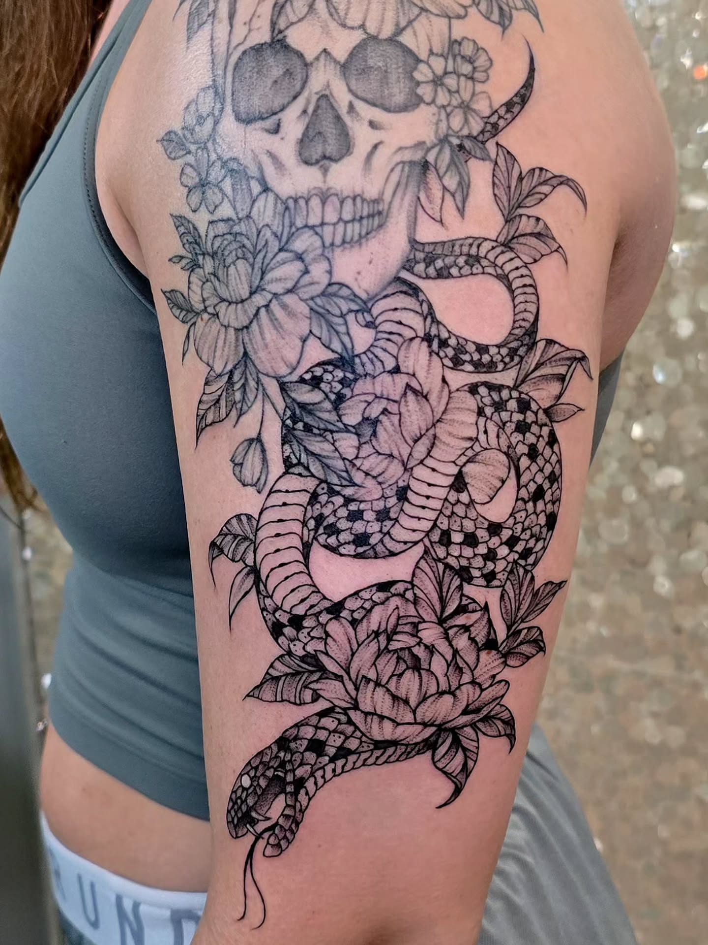 Snake and flowers realism tattoo on the thigh by Hope 🌙, Cincinnati