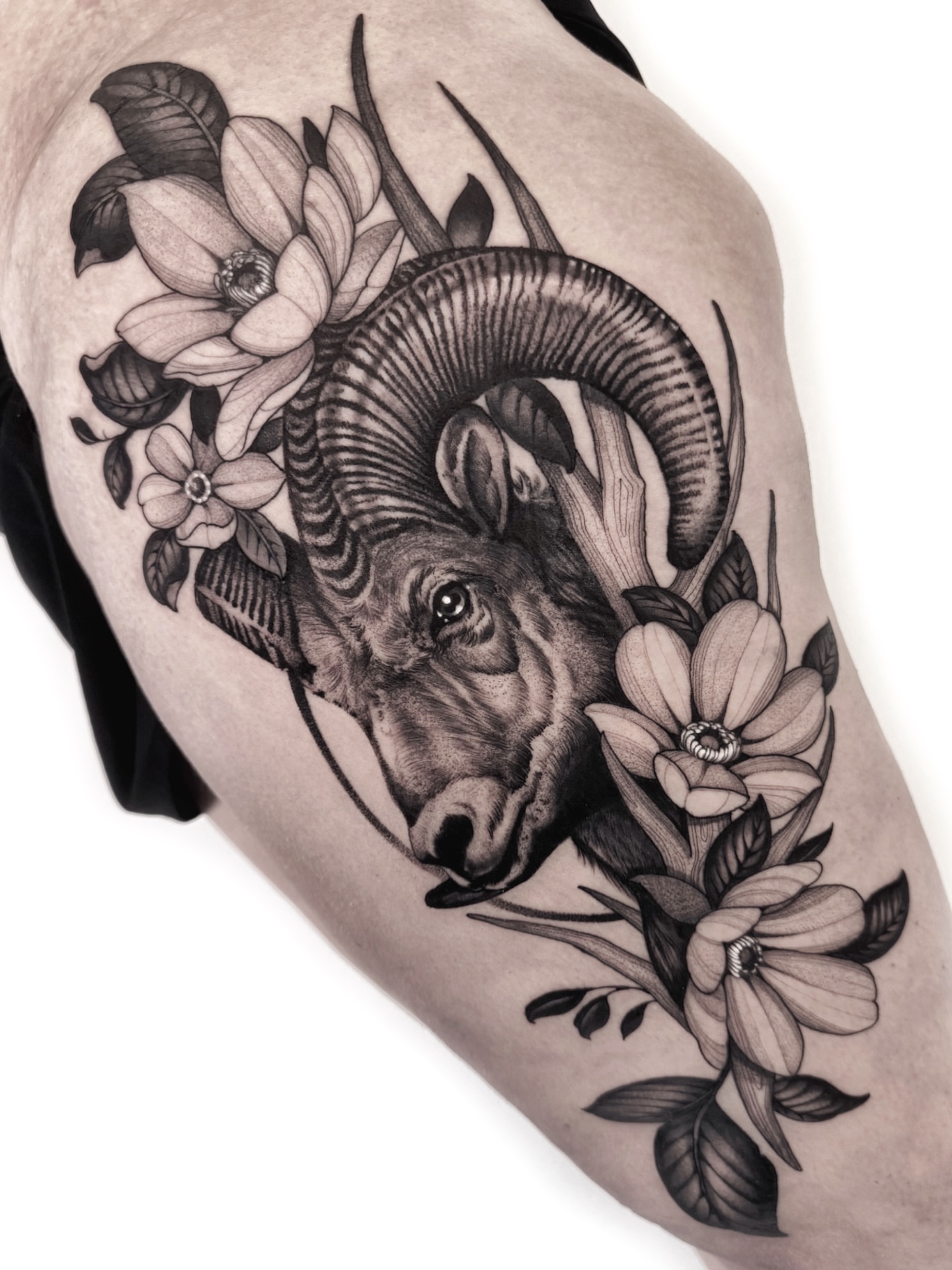 Ram head with flowers realism tattoo on the shoulder by Tommy Sisneros