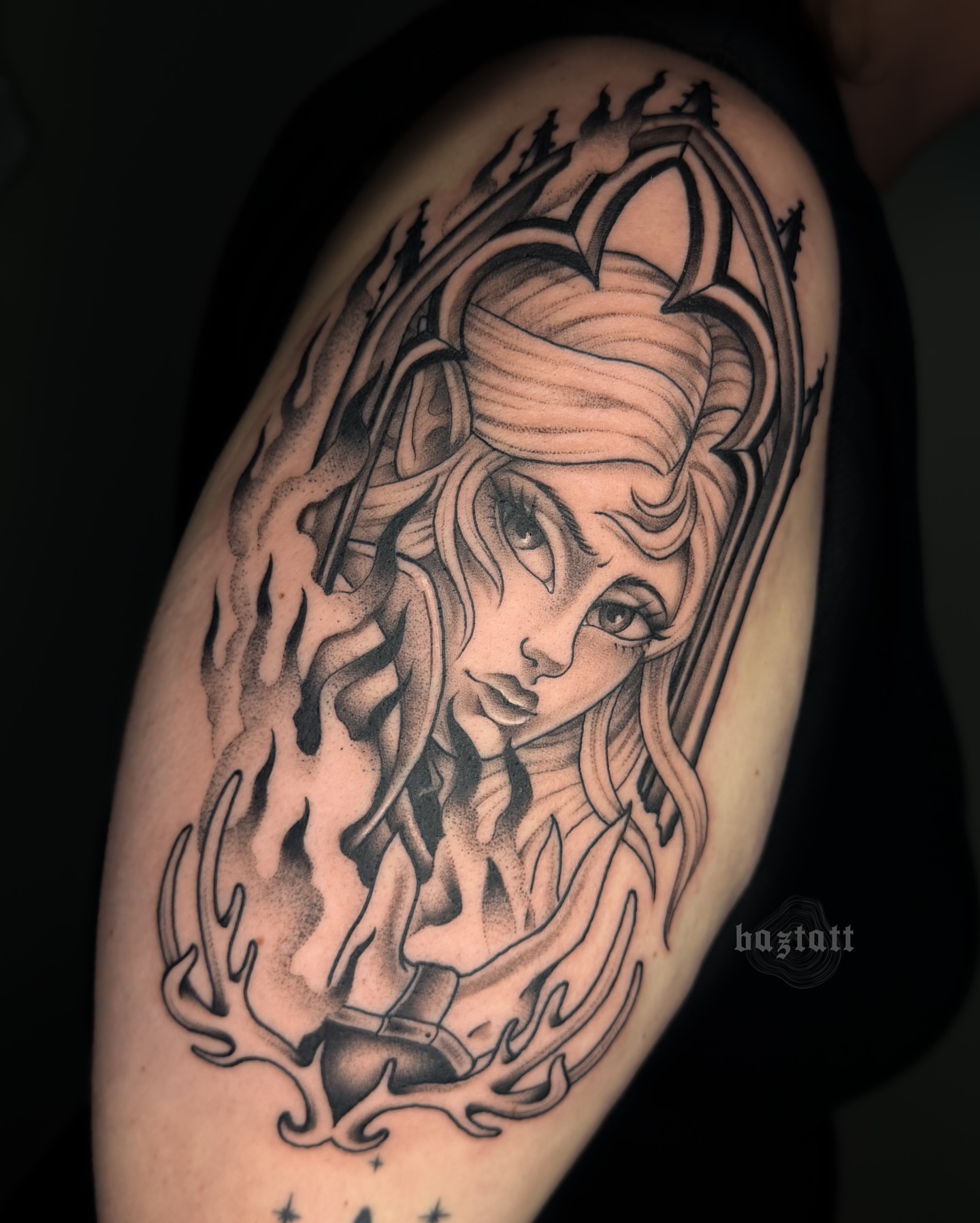 Elf woman dotwork tattoo on the shoulder by bri allura ✿ tattoo artist  ✿ cleveland, oh