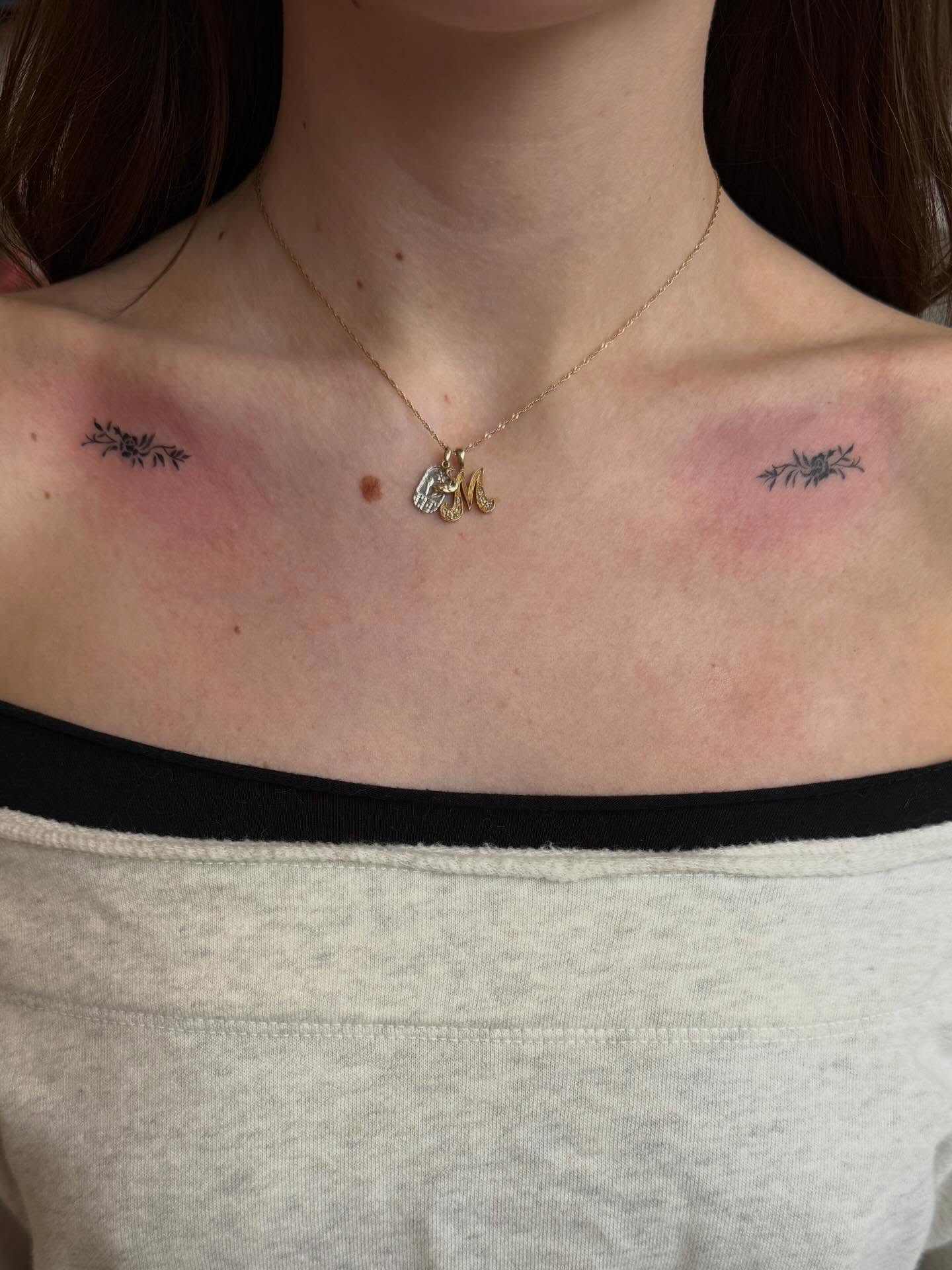 Flower fine line tattoo on the chest by Rachel ˚⊱🪷⊰˚ 芷若, Des Moines, Iowa