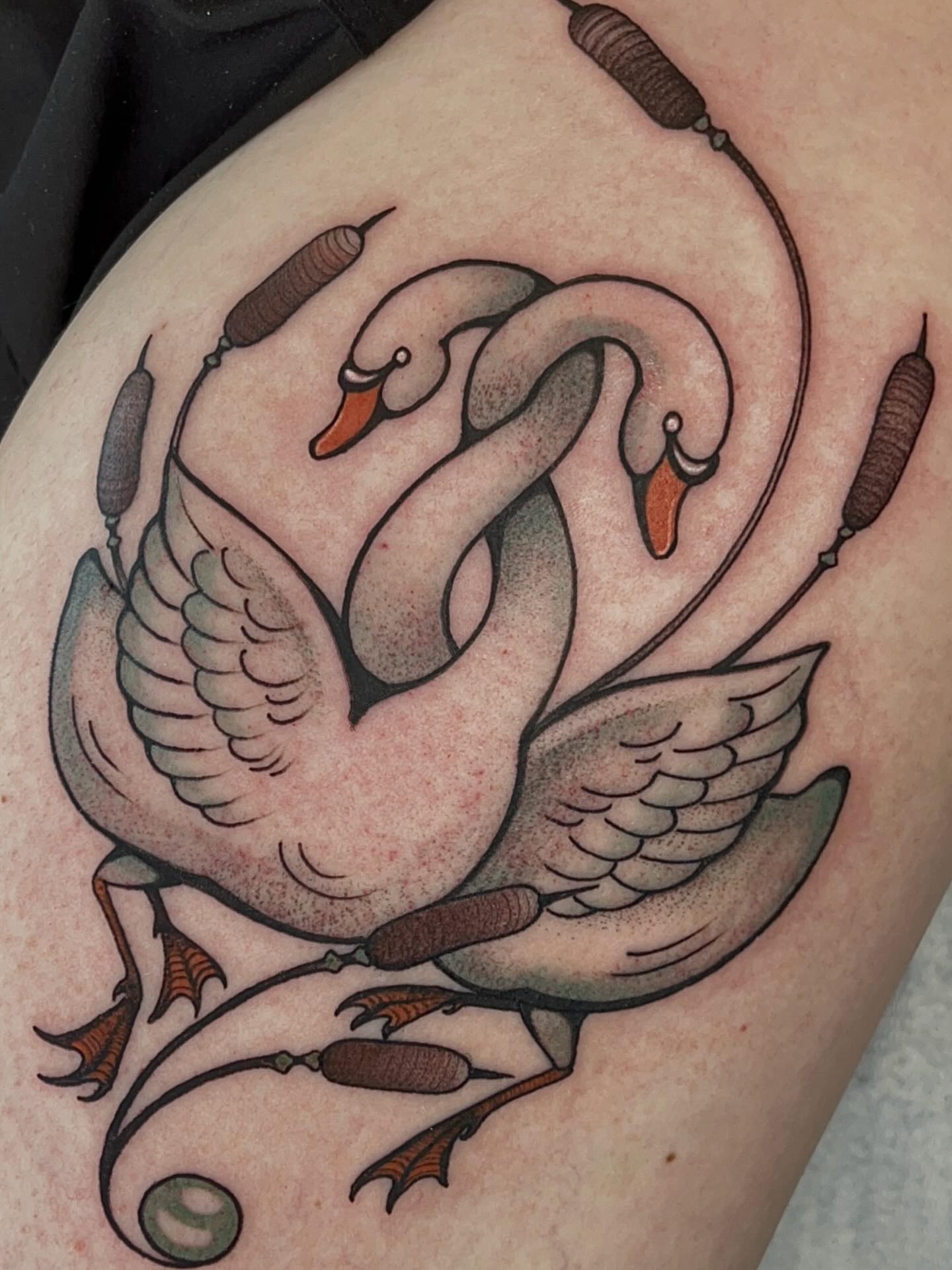 Swans American traditional tattoo on the thigh by Samantha Castrovinci, Durham, North Carolina