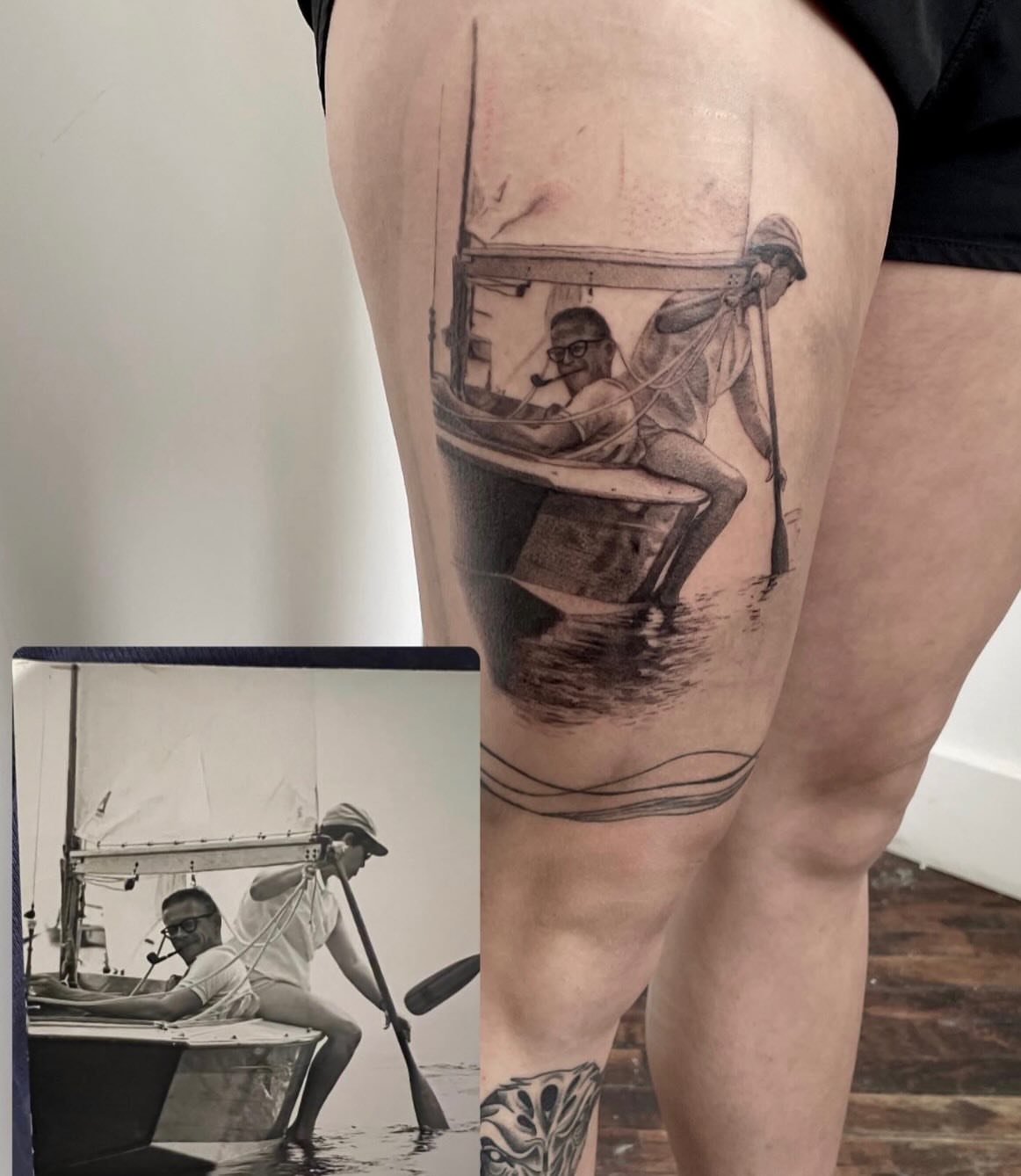 Boat scene realism tattoo on the thigh by Dylan Coverdale