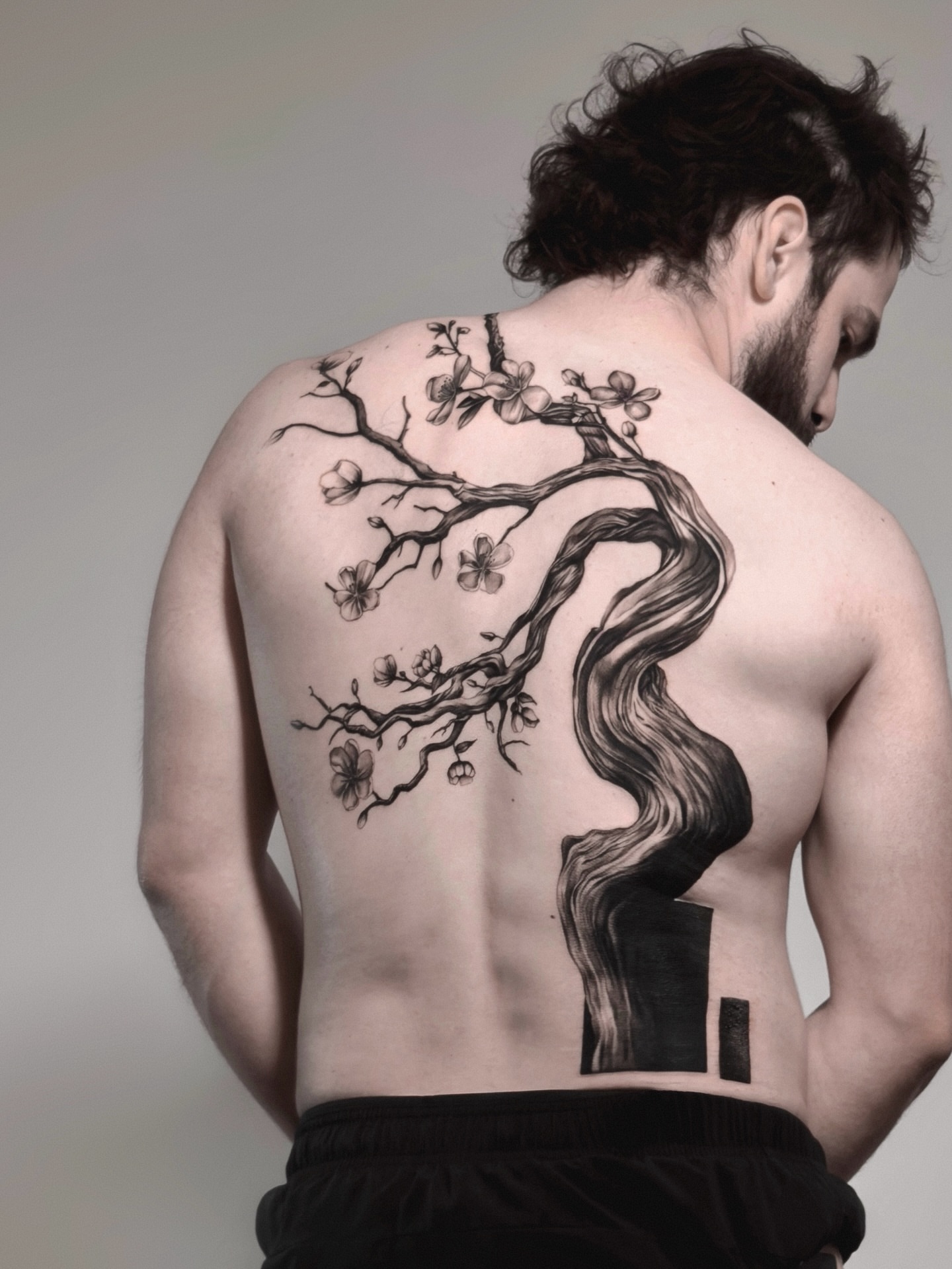 Cherry blossom bonsai realism tattoo on the back by Henko