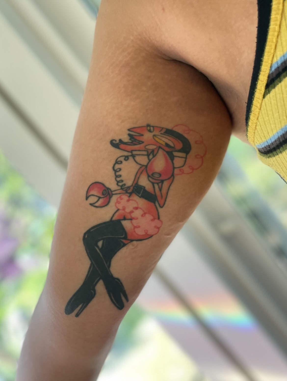 Flamingo American traditional tattoo on the forearm by Eryn, Portland, Oregon
