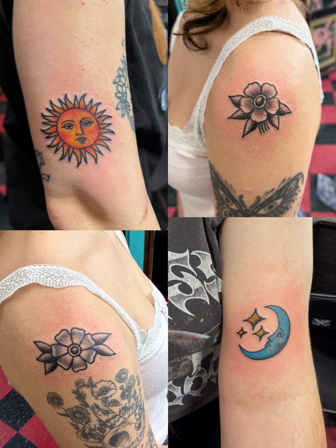 Sun American traditional tattoo on the upper arm by Patrick Miller, Huber Heights, Ohio