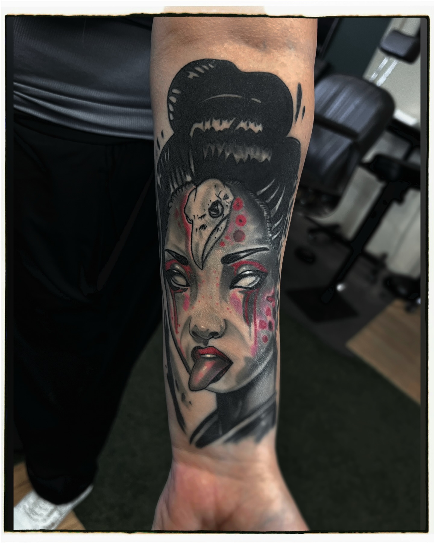 Geisha dark realism tattoo on the forearm by Hugh Anthony Washington, Hattiesburg, Mississippi