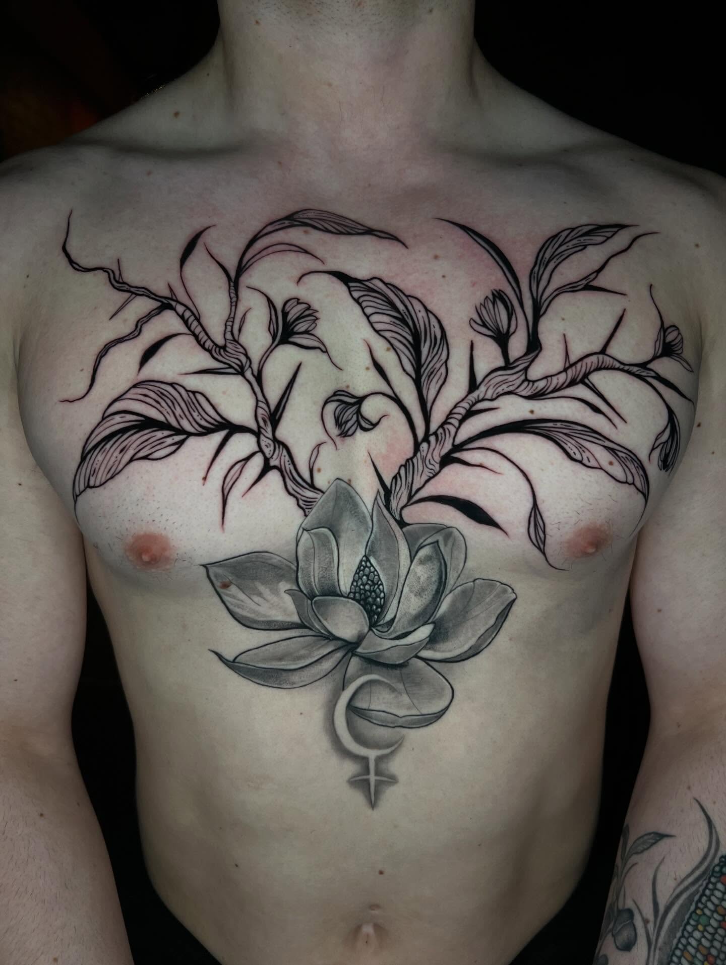 Lotus flower and woman realism tattoo on the chest by ✧ :: paloma :: ✧