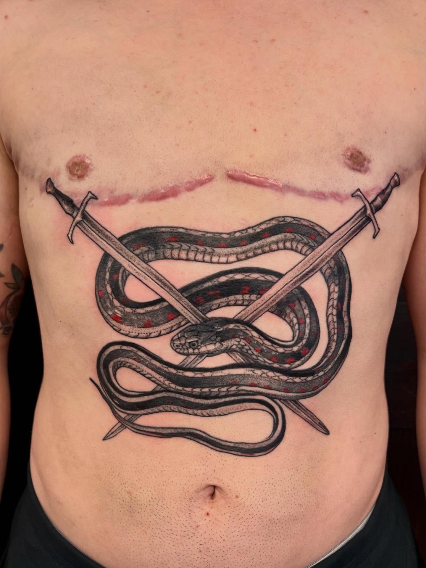 Snake and swords black and grey tattoo on the chest by kane