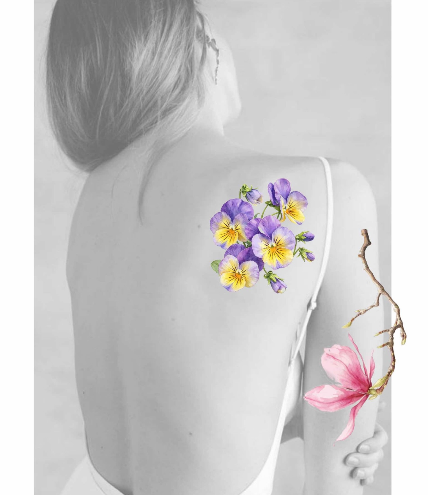 Violet pansies watercolor tattoo on the shoulder by Xin Huang