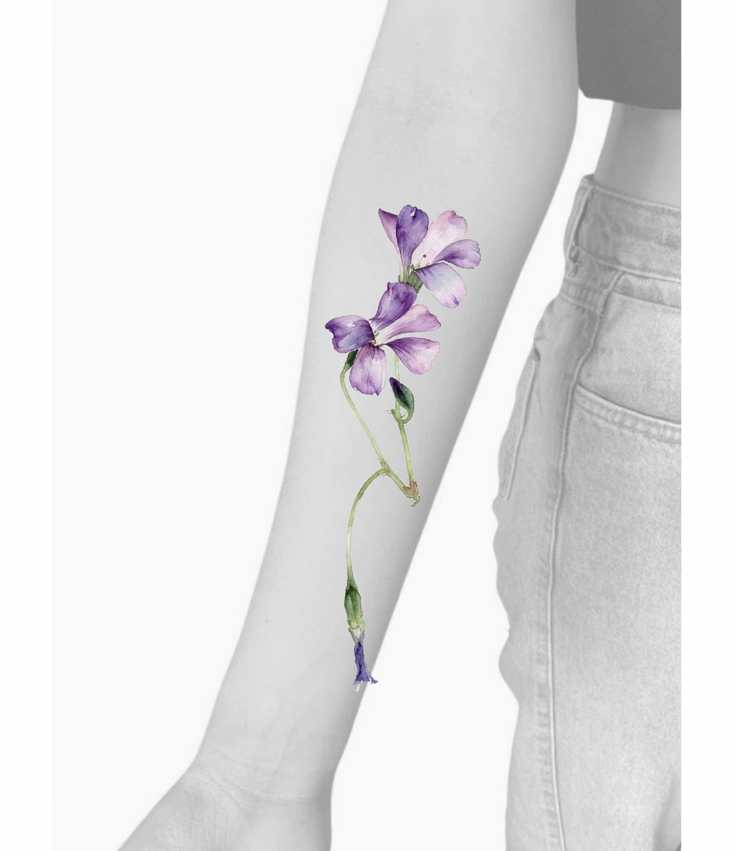 Purple flower watercolor tattoo on the forearm by Xin Huang