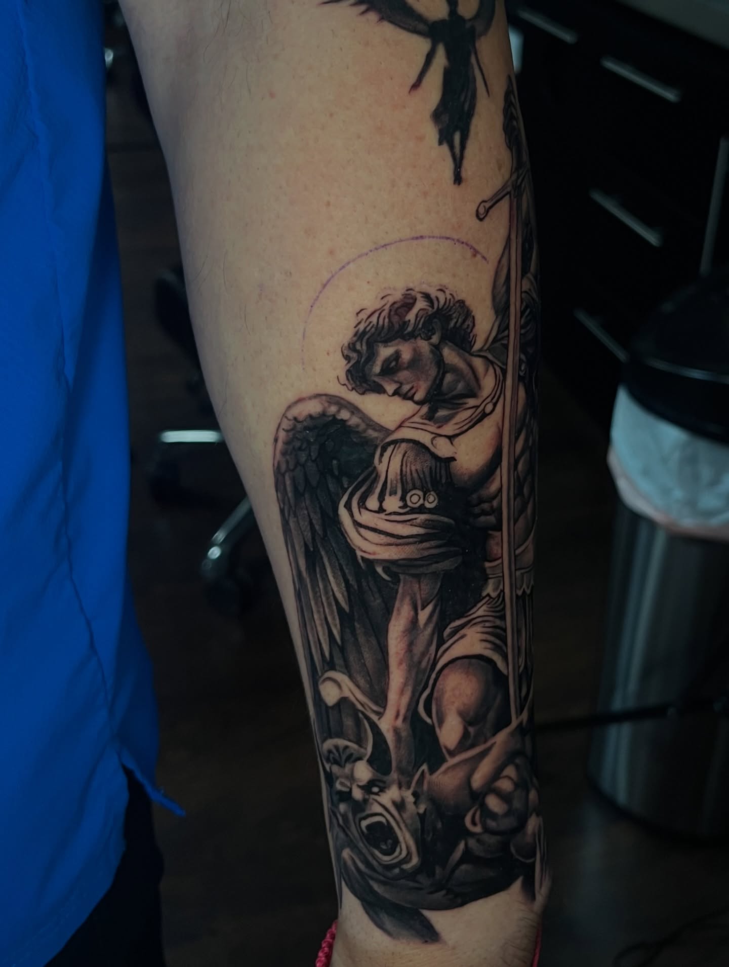 Angel with sword realism tattoo on the forearm by Angie Morales, Laredo, Texas