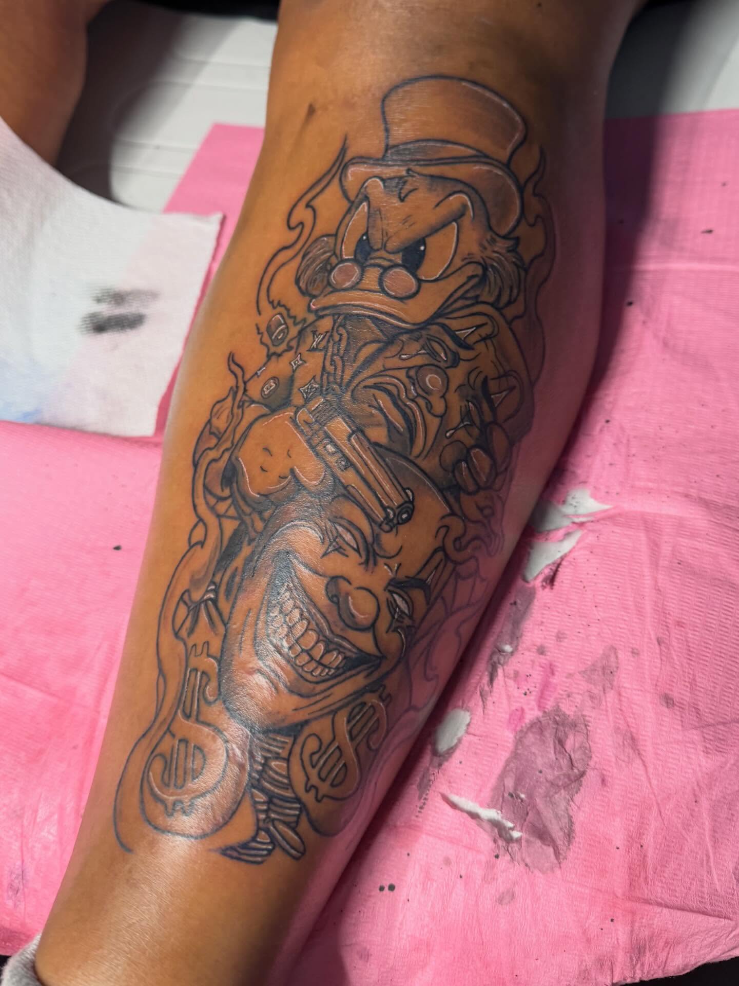 Gangster duck American traditional tattoo on the forearm by addicted222inkk🎨