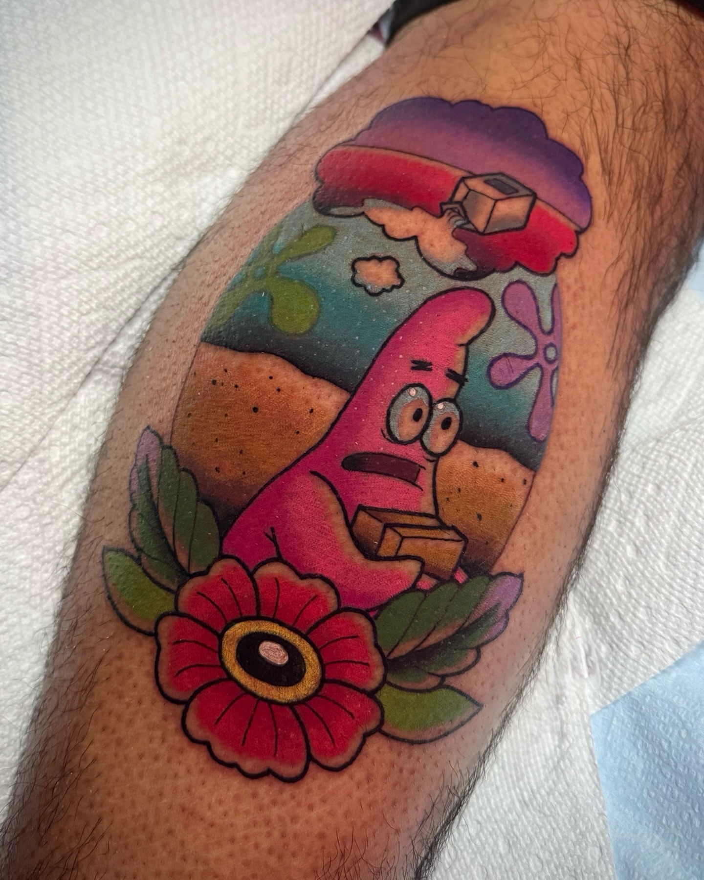 Patrick Star American traditional tattoo on the forearm by 𝔎𝔦𝔯𝔞 𝔅𝔦𝔰𝔥𝔬𝔭