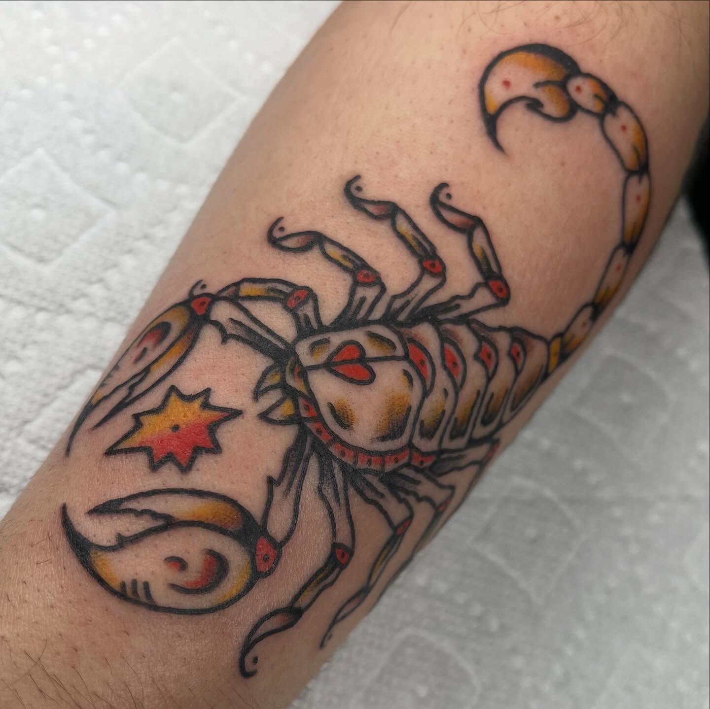 Scorpion American traditional tattoo on the forearm by Jennifer Medrano