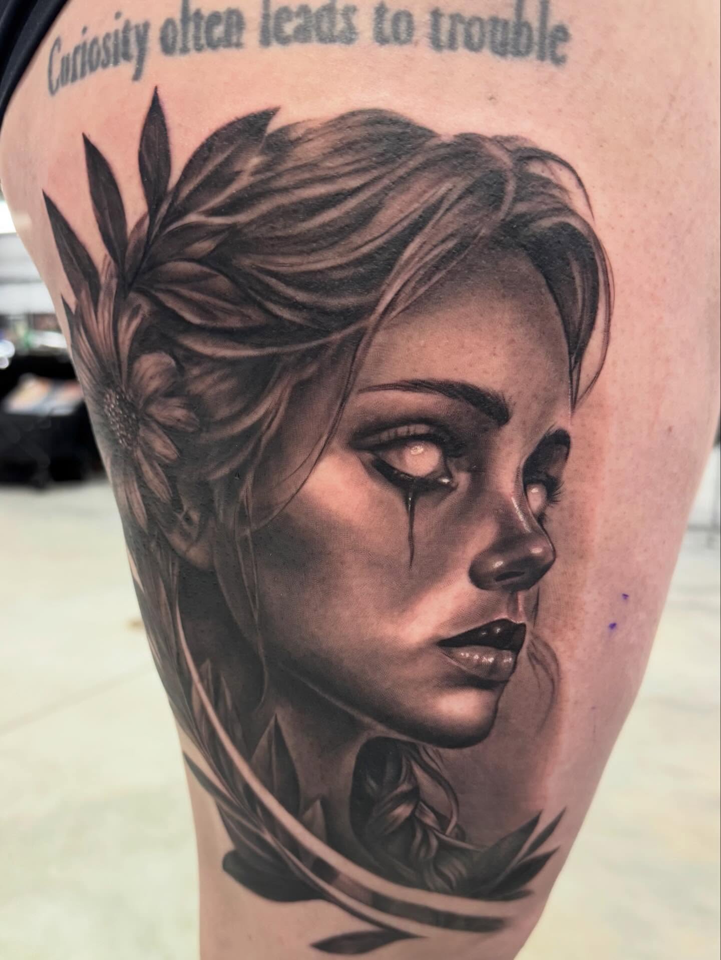 Woman crying realism tattoo on the forearm by Dustin Kaiser, Mentor, Ohio