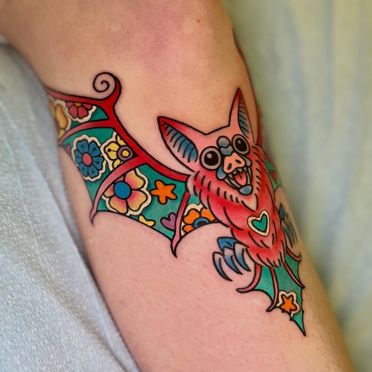Bat American traditional tattoo on the forearm by 🪴Amanda Lugo🪴 Ocala Tattoo Artist