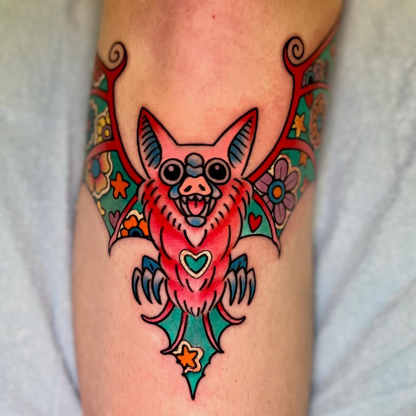 Bat American traditional tattoo on the forearm by 🪴Amanda Lugo🪴 Ocala Tattoo Artist