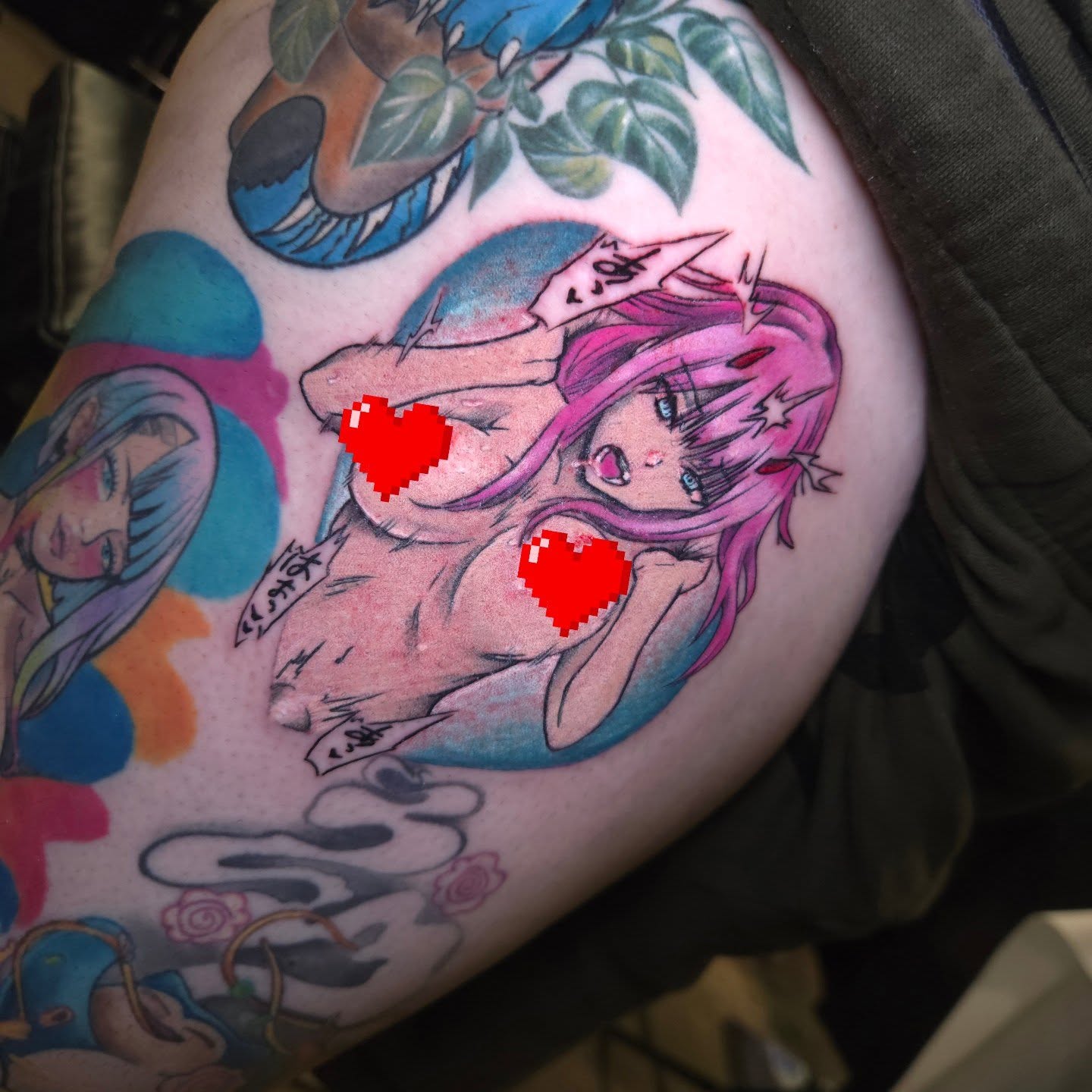 Anime character anime tattoo on the thigh by Nic Mann