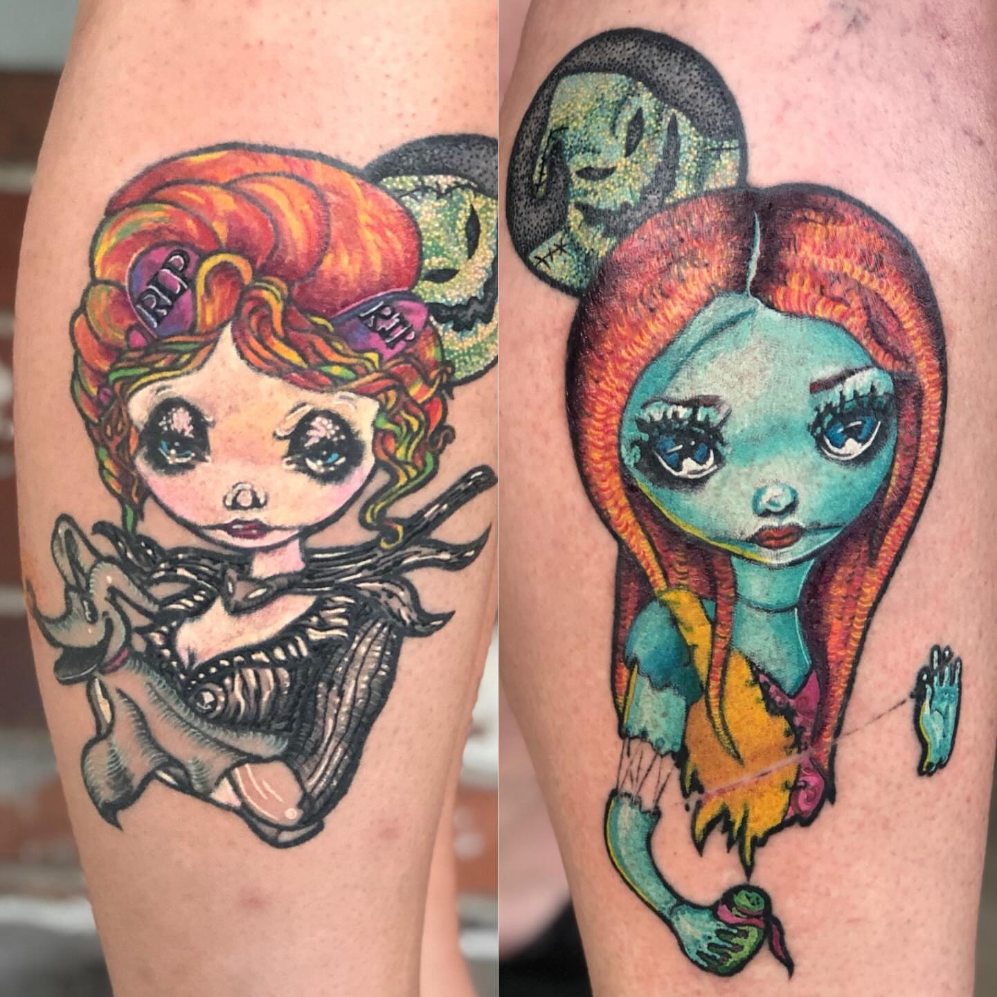 Doll with fish new school tattoo on the thigh by LiteBriteTattoo, Salt Lake City, Utah