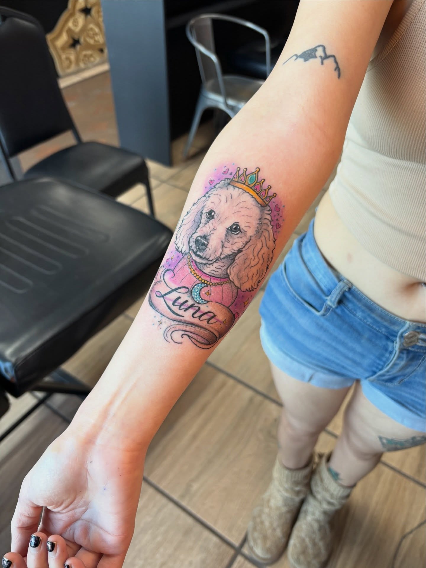 Dog with crown realism tattoo on the forearm by Samantha💋🥀