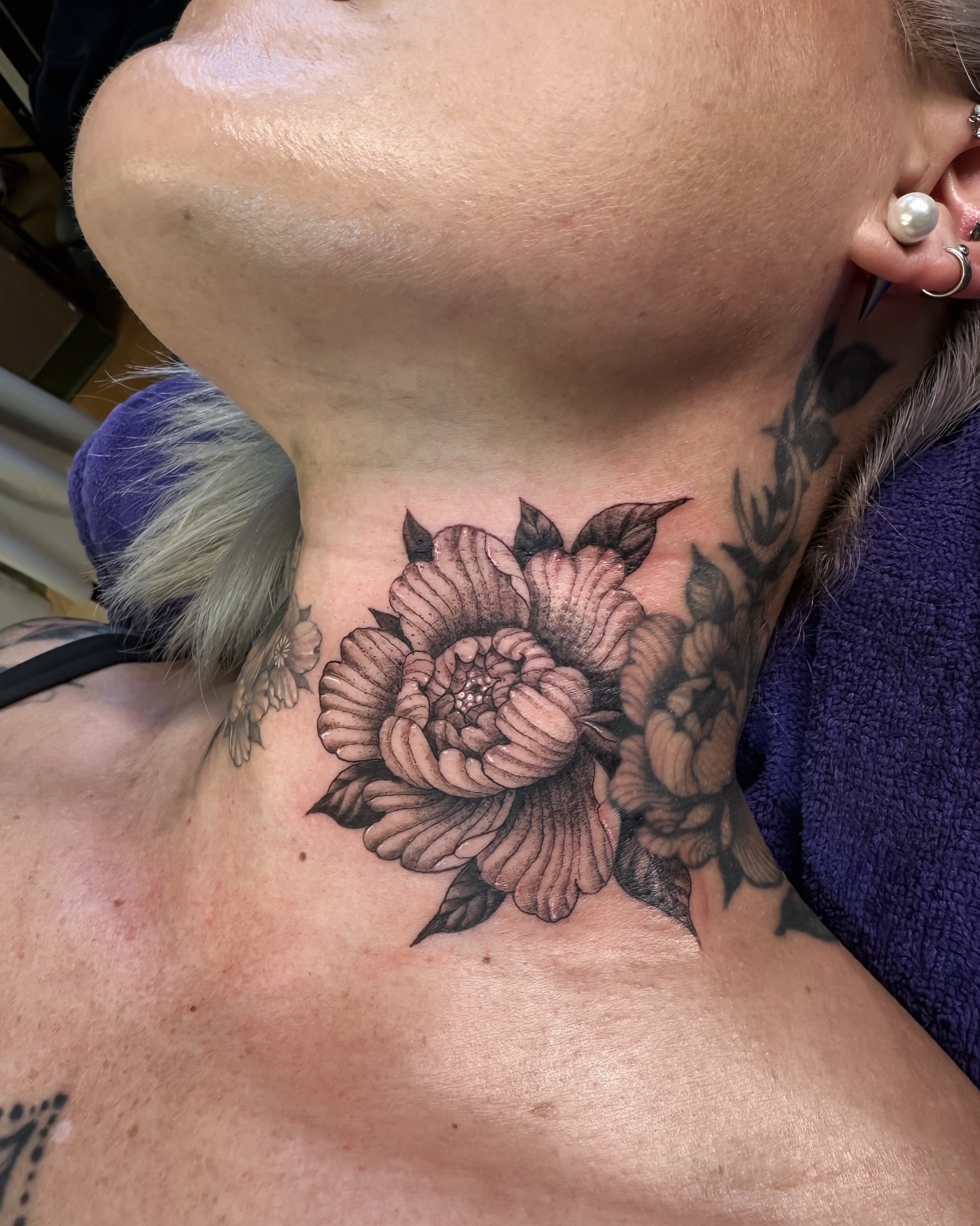 Peony flower black and grey tattoo on the neck by Colin Kenji Baker, San Jose, California