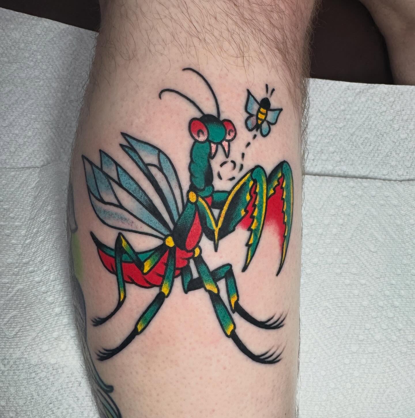 Praying mantis American traditional tattoo on the forearm by 𝐬𝐚𝐬𝐡𝐚 𝐯𝐚𝐧𝐝𝐚𝐥, Nashville, Tennessee