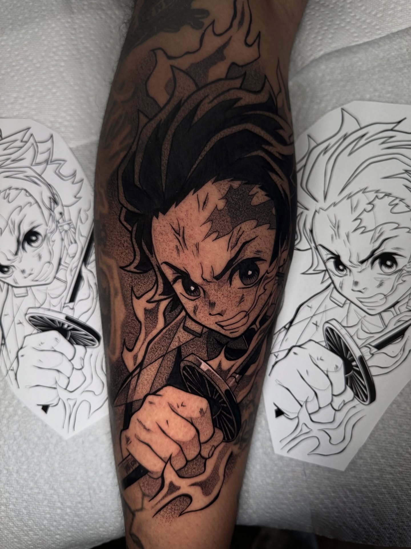 Anime character dotwork tattoo on the forearm by Anthony D. Rustik
