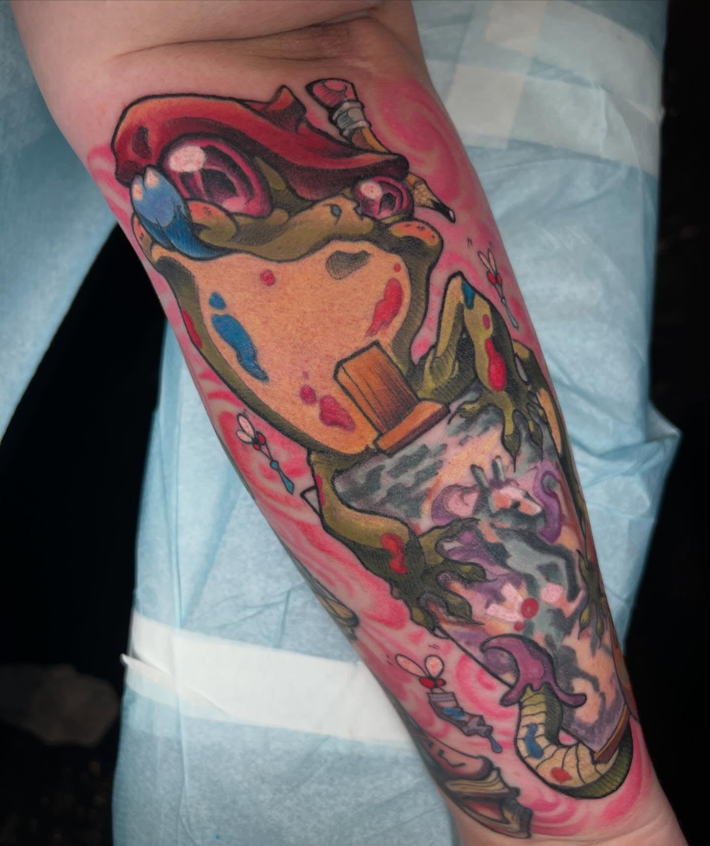 Frog American traditional tattoo on the forearm by Kate Erso