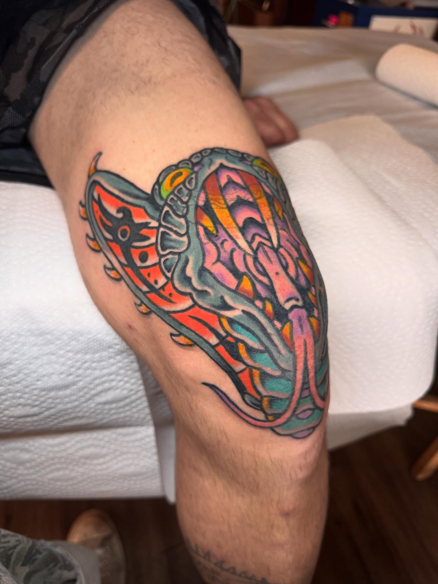 Abstract creature geometric tattoo on the thigh by Jonathan Clapp, San Antonio, Texas