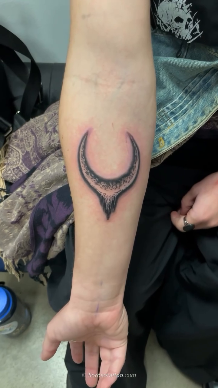 Crescent moon with tribal accents cyber sigilism tattoo on the forearm by Jonathan Paul Fiore, Austin, Texas