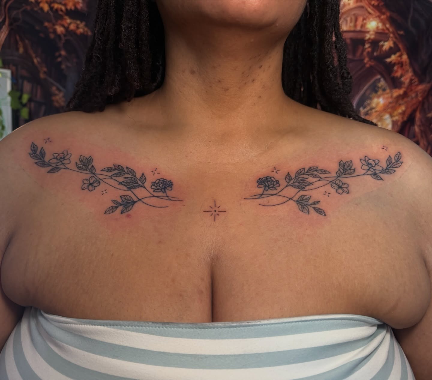 Flower vine black and grey tattoo on the chest by JJ ₍ᐢ._.ᐢ₎♡, Ashland, Virginia