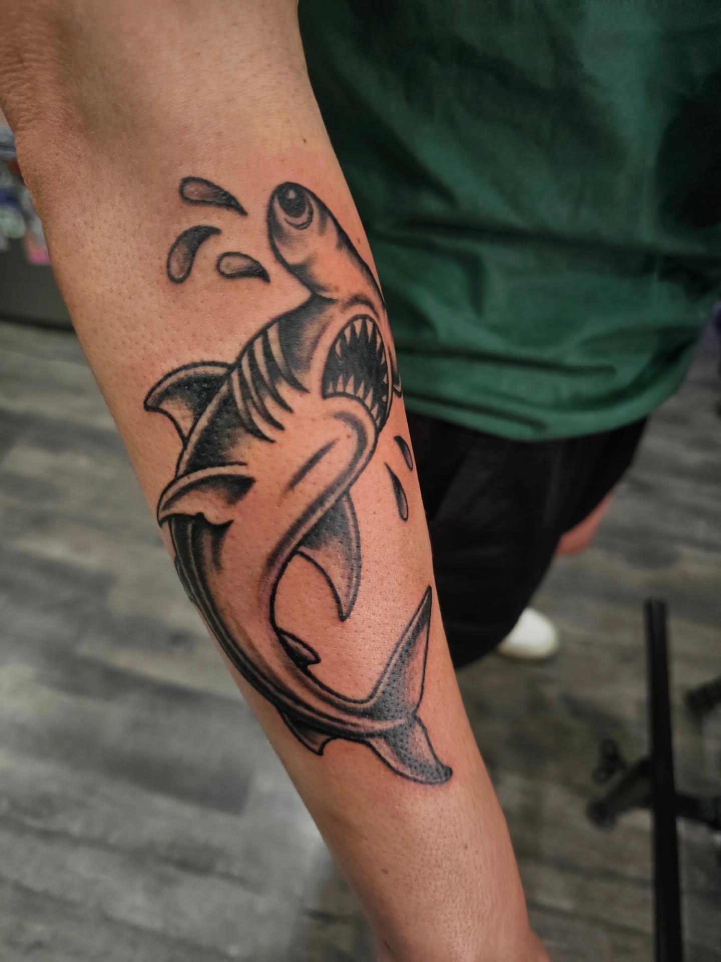 Shark black and grey tattoo on the forearm by Matthew Ashmore