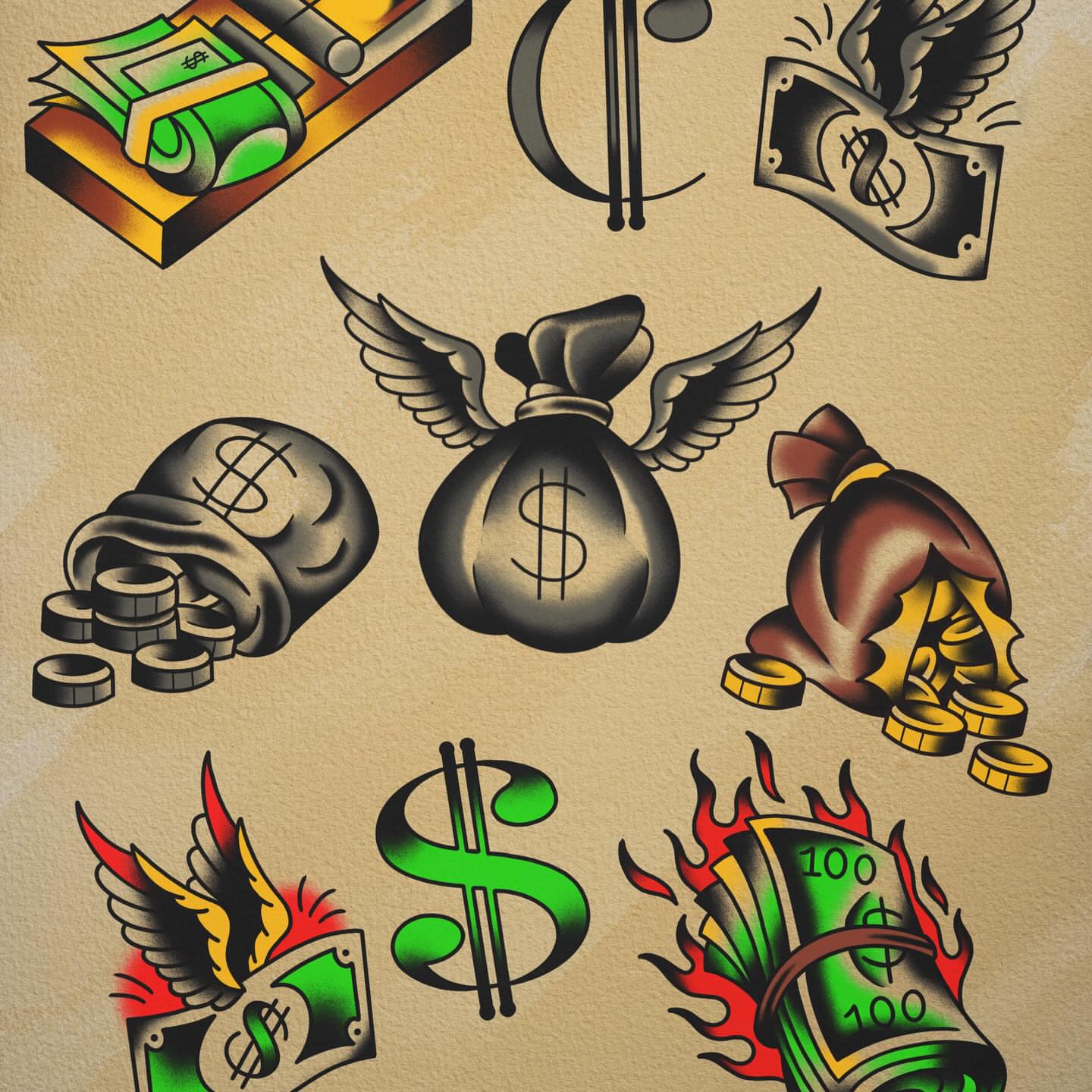 Money and dollar signs American traditional tattoo by Evan Voelker