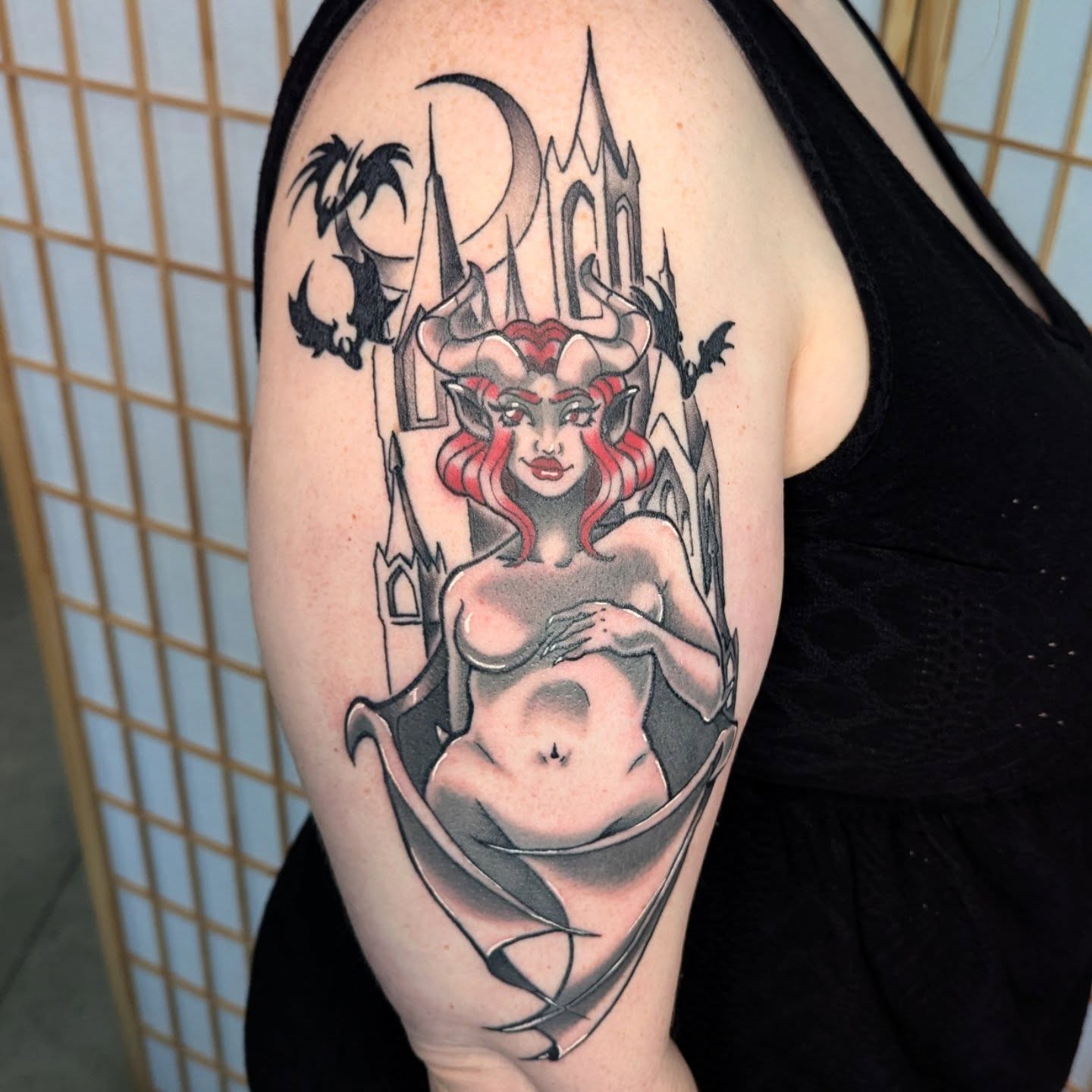 Demon woman dark realism tattoo on the shoulder by Nico Capriotti ๐ณ๏ธโ๐